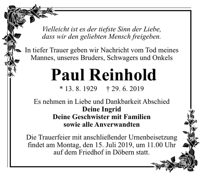 Traueranzeige Paul Reinhold