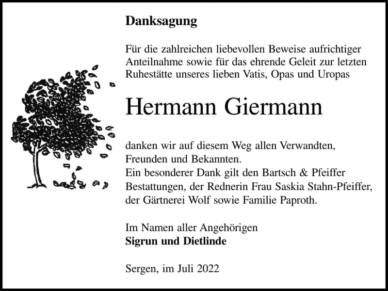Traueranzeige Hermann Giermann