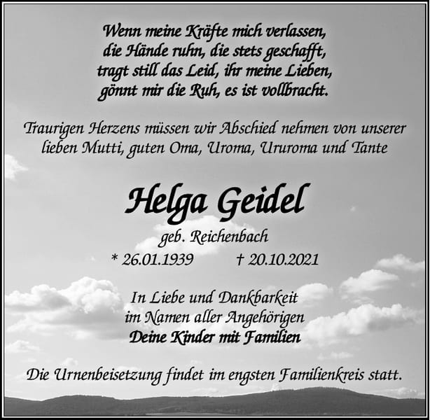 Traueranzeige Helga Geidel, geb. Reichenbach