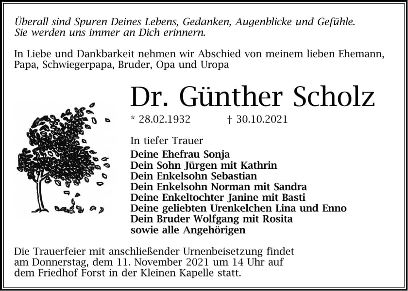 Traueranzeige Dr. Günther Scholz