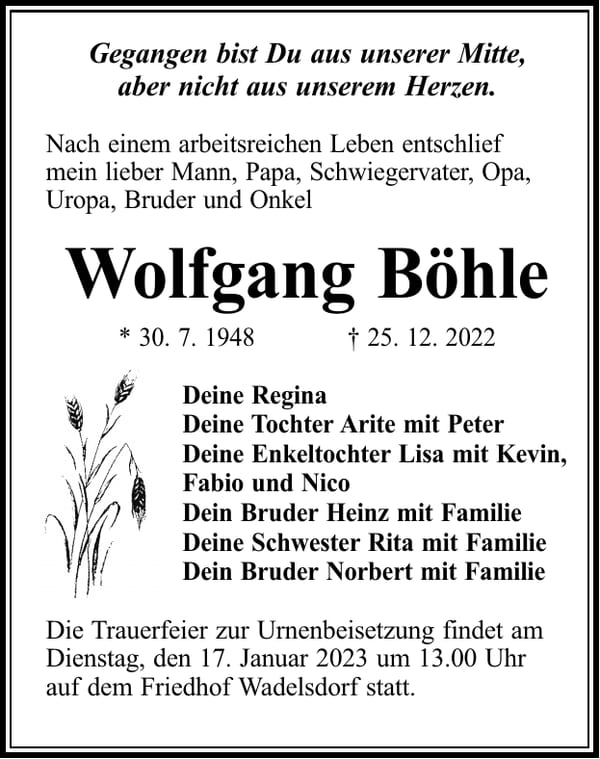 Traueranzeige Wolfgang Böhle