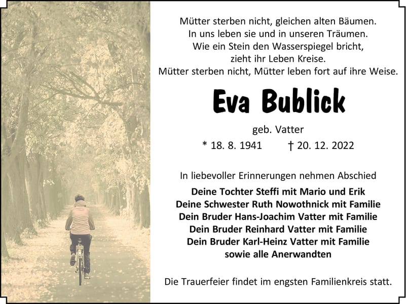 Traueranzeige Eva Bublick, geb. Vatter