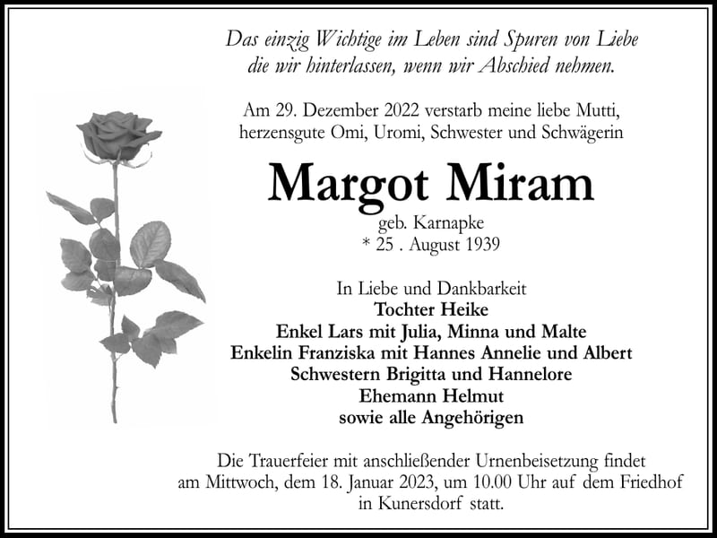 Traueranzeige Margot Miram, geb. Karnapke