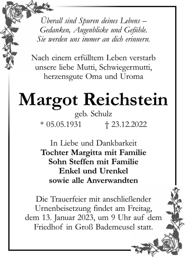 Traueranzeige Margot Reichstein, geb. Schulz