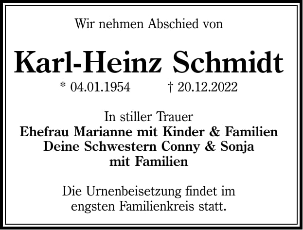 Traueranzeige Karl-Heinz Schmidt