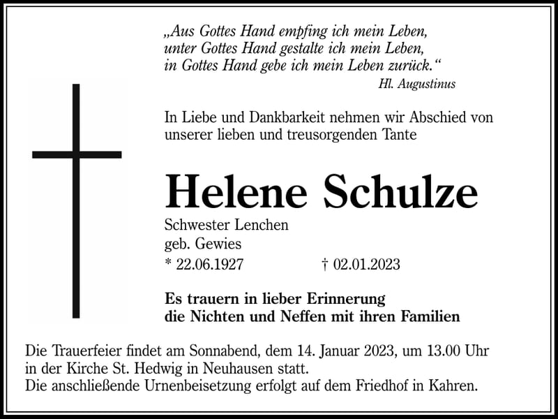 Traueranzeige Helene Schulze, geb. Gewies