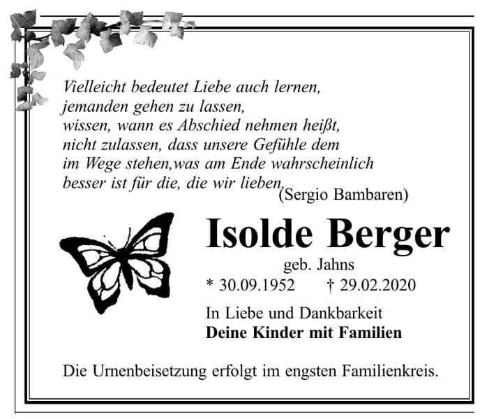 Traueranzeige Isolde Berger, geb. Jahns