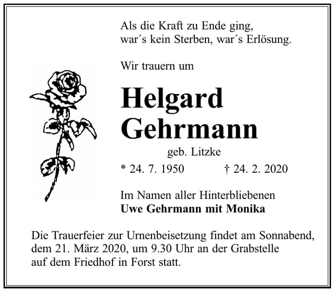 Traueranzeige Helgard Gehrmann, geb. Litzke