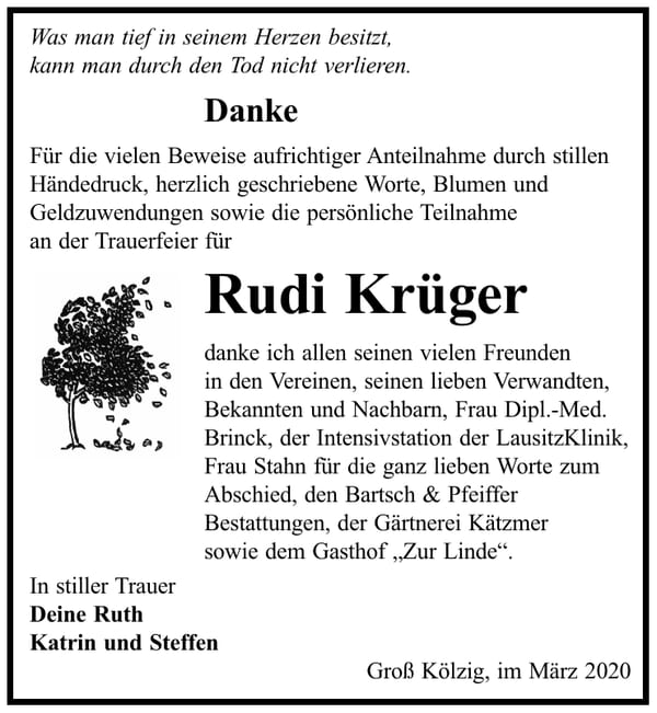 Danksagung Rudi Krüger