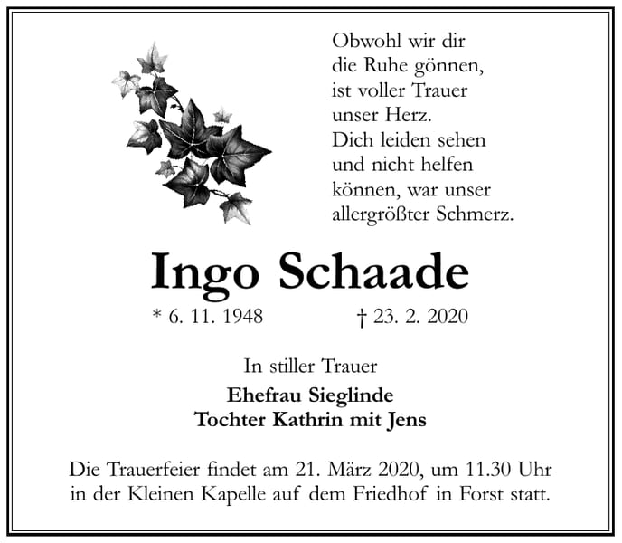 Traueranzeige Ingo Schaade