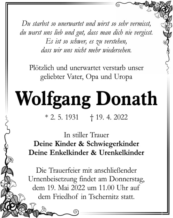 Traueranzeige Wolfgang Donath