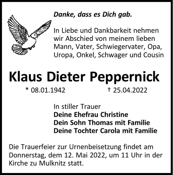 Traueranzeige Klaus Dieter Peppernick