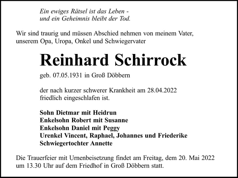 Traueranzeige Reinhard Schirrock