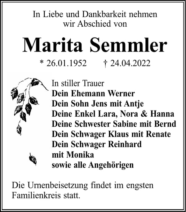 Traueranzeige Marita Semmler