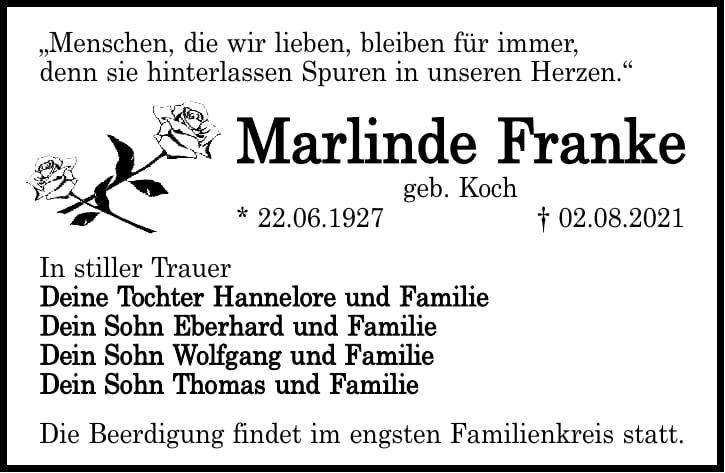 Traueranzeige Marlinde Franke, geb. Koch
