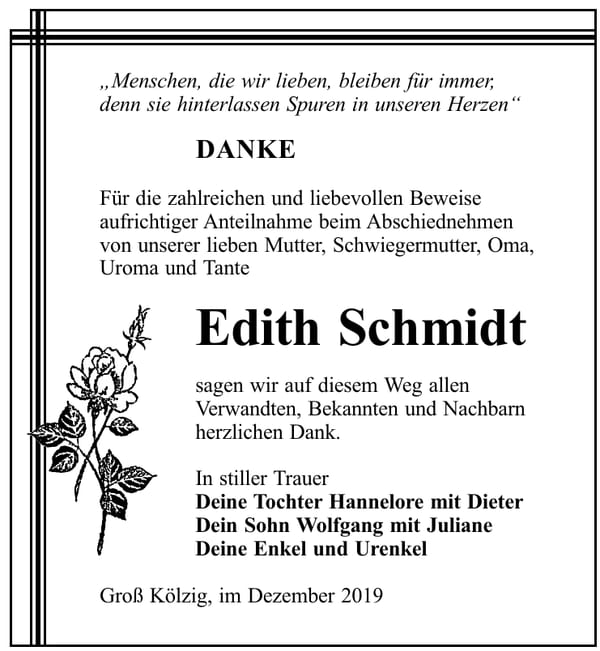 Traueranzeige Edith Schmidt