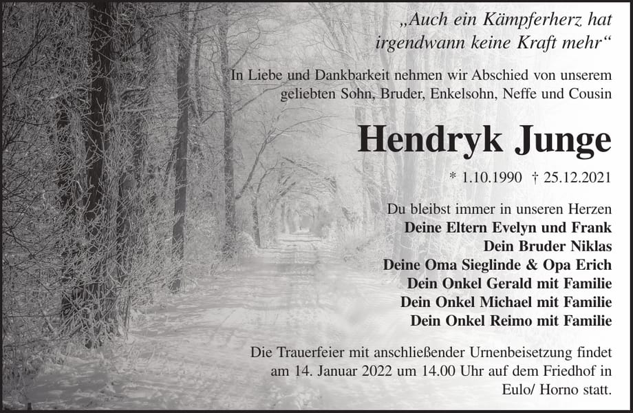 Traueranzeige Hendryk Junge