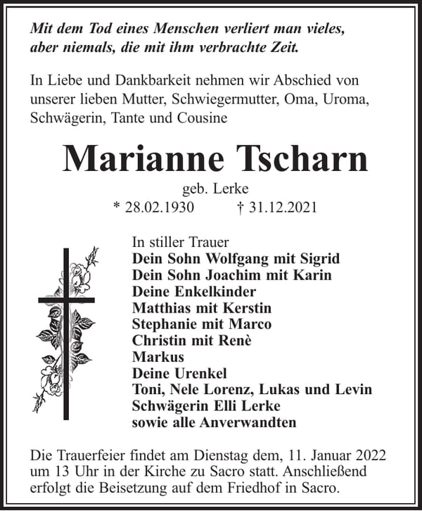 Traueranzeige Marianne Tscharn, geb. Lerke
