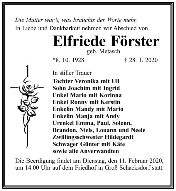 Traueranzeige Elfriede Förster, geb. Metasch