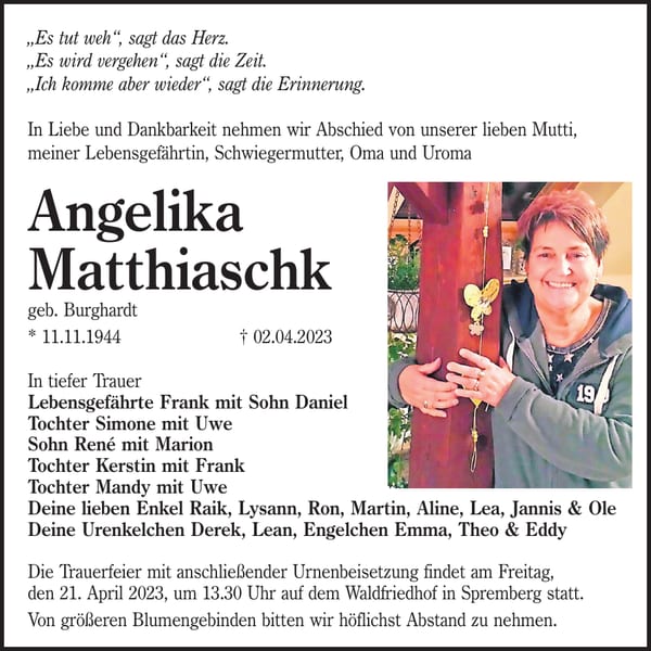 Traueranzeige Angelika Matthiaschk, geb. Burghardt