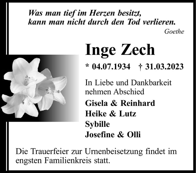 Traueranzeige Inge Zech