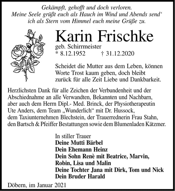 Traueranzeige Karin Frischke, geb. Schirrmeister