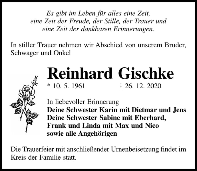 Traueranzeige Reinhard Gischke