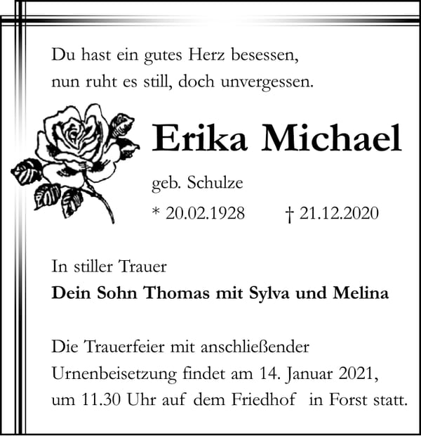 Traueranzeige Erika Michael, geb. Schulze