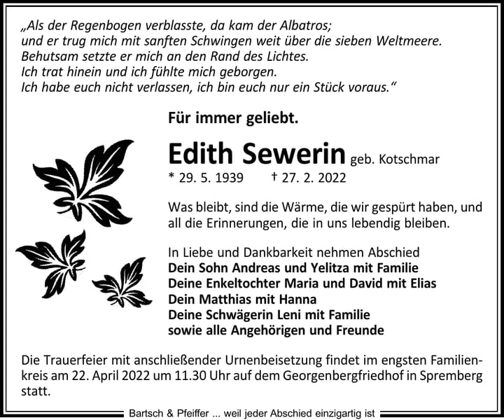 Traueranzeige Edith Sewerin, geb. Kotschmar