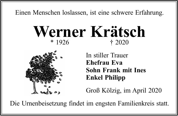 Traueranzeige Werner Krätsch