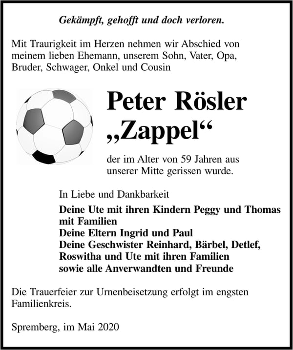 Traueranzeige Peter Rösler