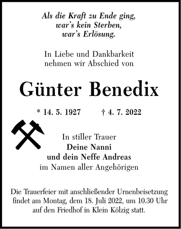 Traueranzeige Günter Benedix