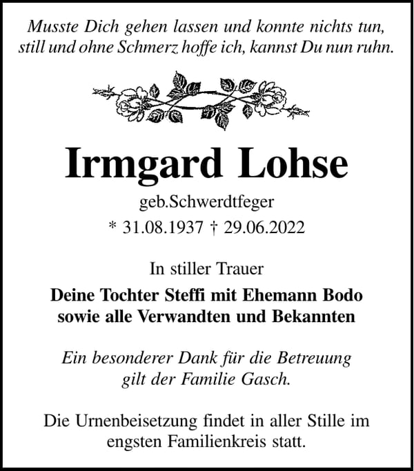 Traueranzeige Irmgard Lohse