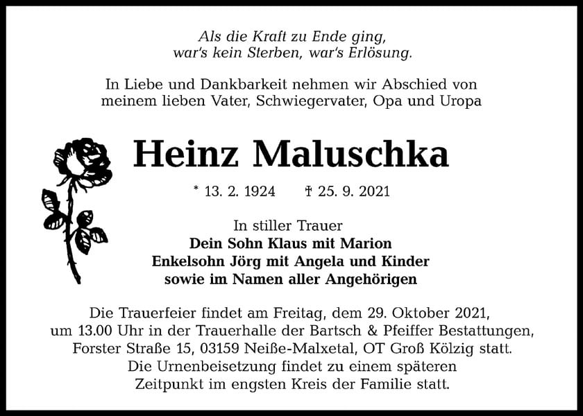 Traueranzeige Heinz Maluschka
