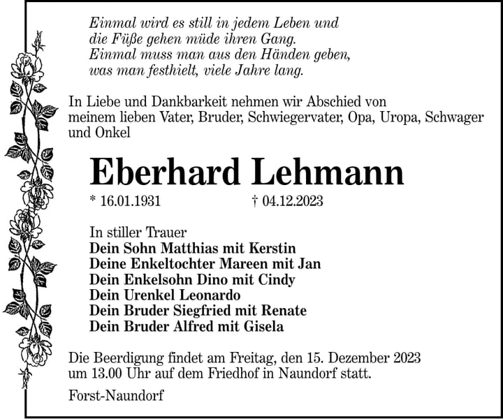 Traueranzeige Eberhard Lehmann