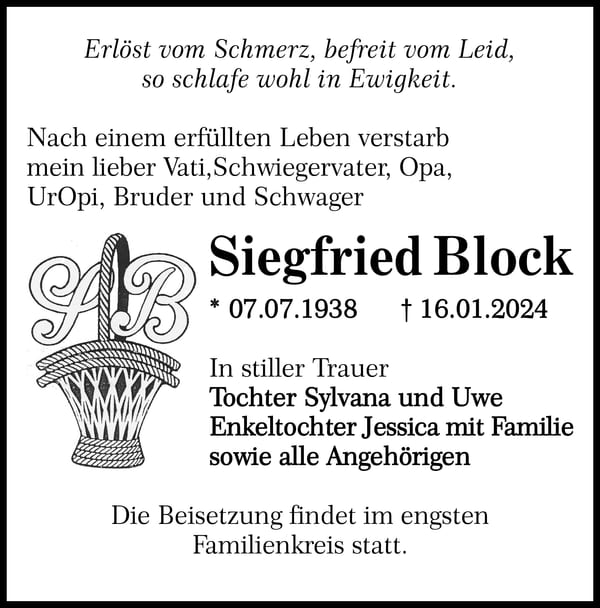 Traueranzeige Siegfried Block