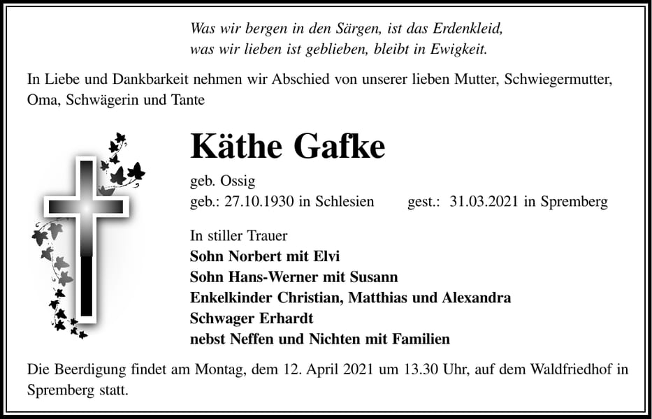Traueranzeige Käthe Gafke, geb. Ossig