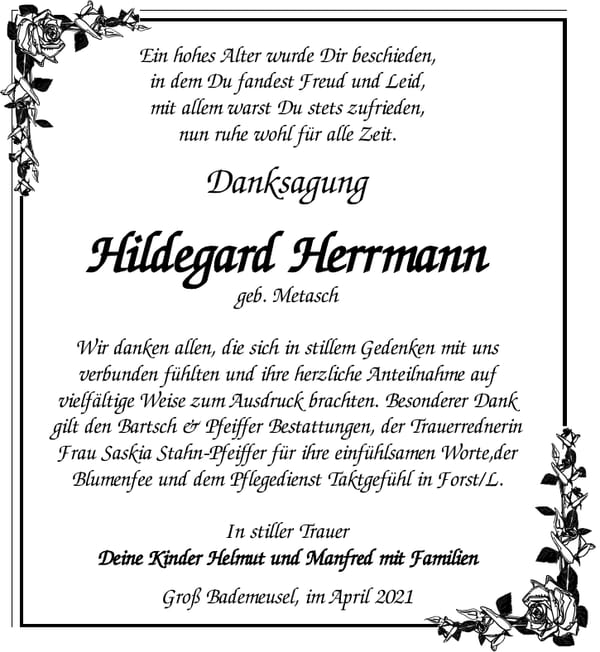 Danksagung Hildegard Herrmann, geb. Metasch
