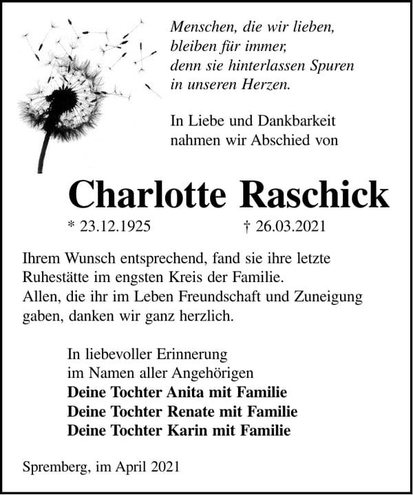 Traueranzeige Charlotte Raschick