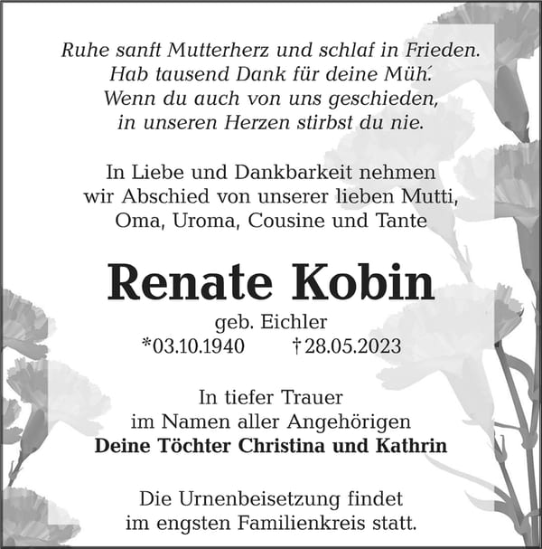 Traueranzeige Renate Kobin, geb. Eichler
