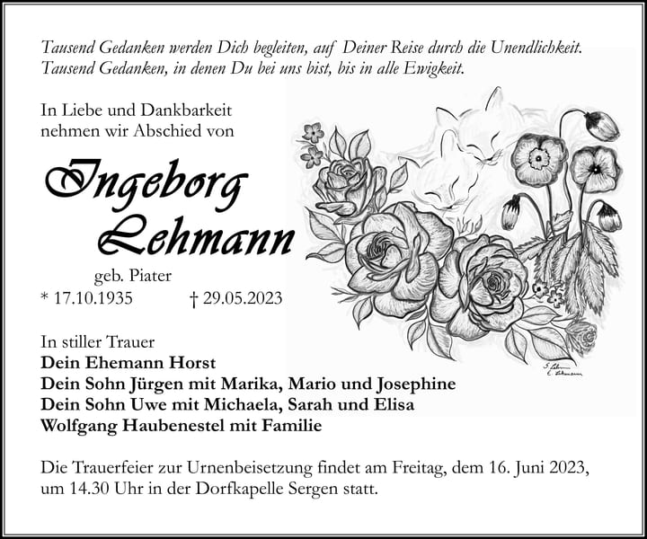 Traueranzeige Ingeborg Lehmann, geb. Piater