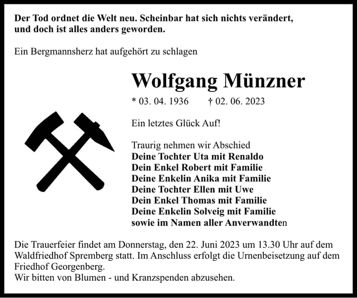 Traueranzeige Wolfgang Münzner