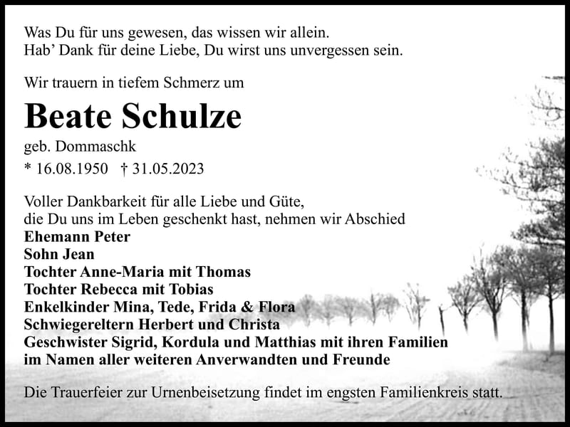 Traueranzeige Beate Schulze, geb. Dommaschk