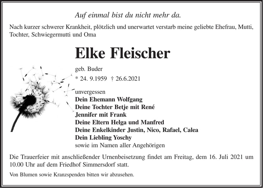 Traueranzeige Elke Fleischer, geb. Buder