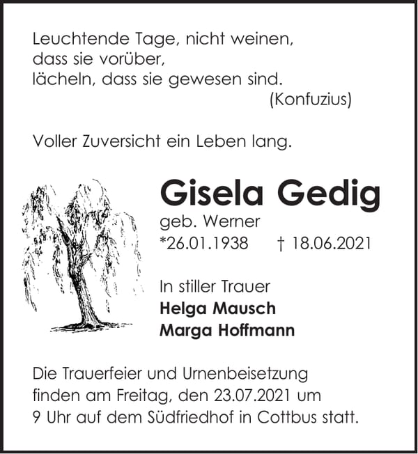 Traueranzeige Gisela Gedig, geb. Werner