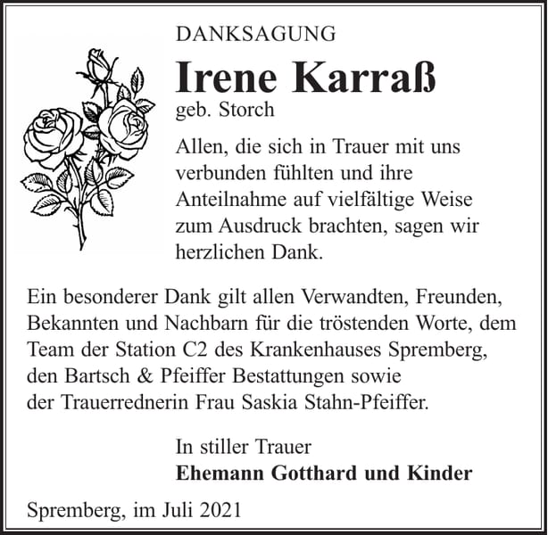 Danksagung Irene Karraß, geb. Storch