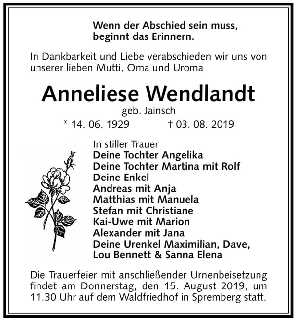 Traueranzeige Anneliese Wendlandt, geb. Jainsch
