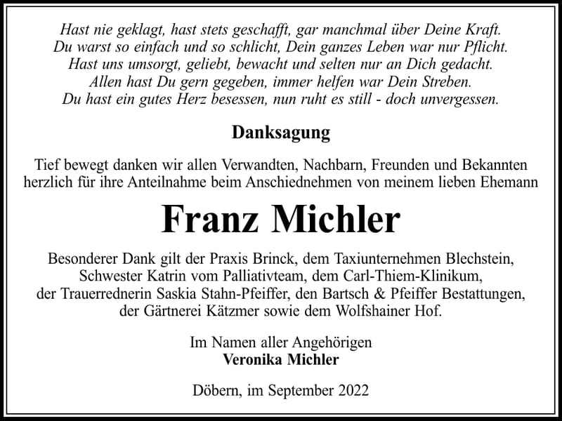Danksagung Franz Michler
