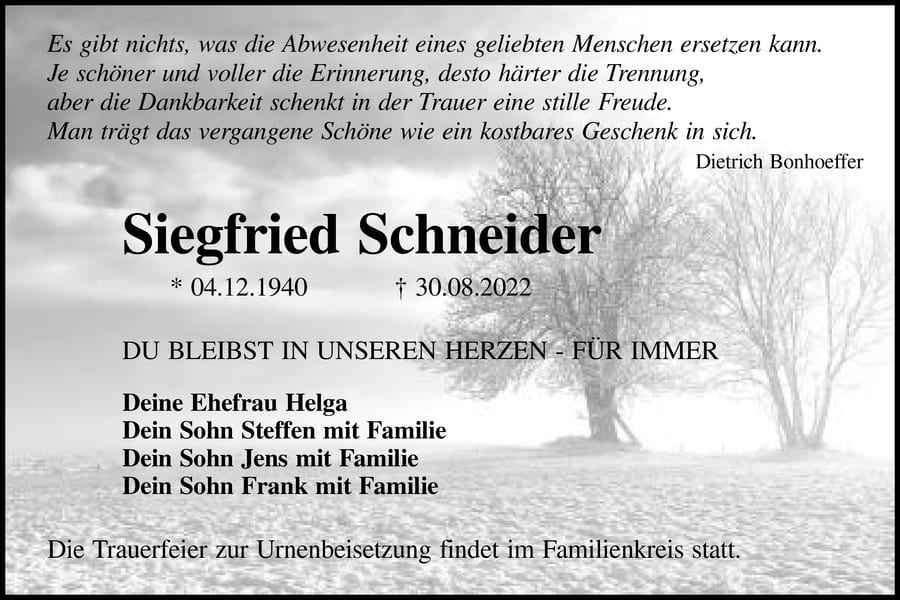 Traueranzeige Siegfried Schneider