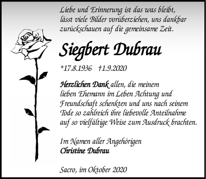 Danksagung Siegbert Dubrau